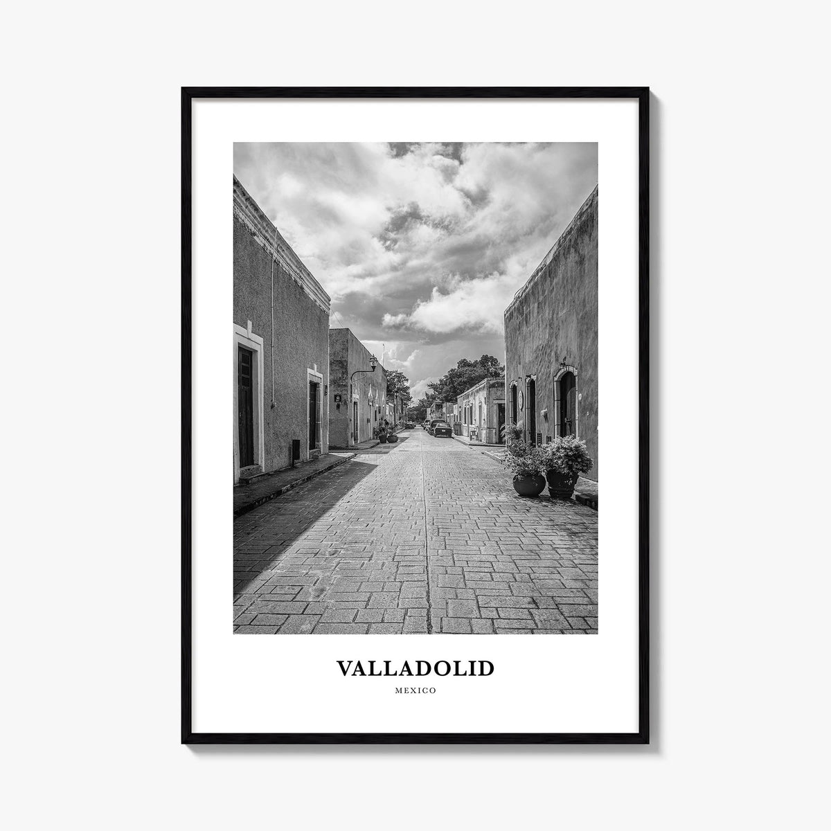 Valladolid, Mexico black & white classic poster of Mexico – vertical wall art, unframed print shown in interior mockup