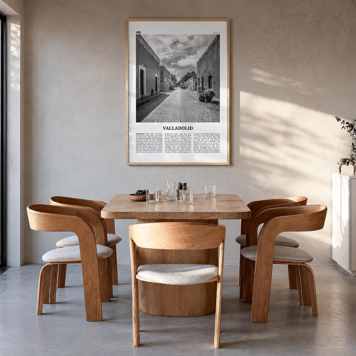 Valladolid, Mexico black & white newspaper poster of Mexico – vertical wall art in natural wood frame, hanging on wall