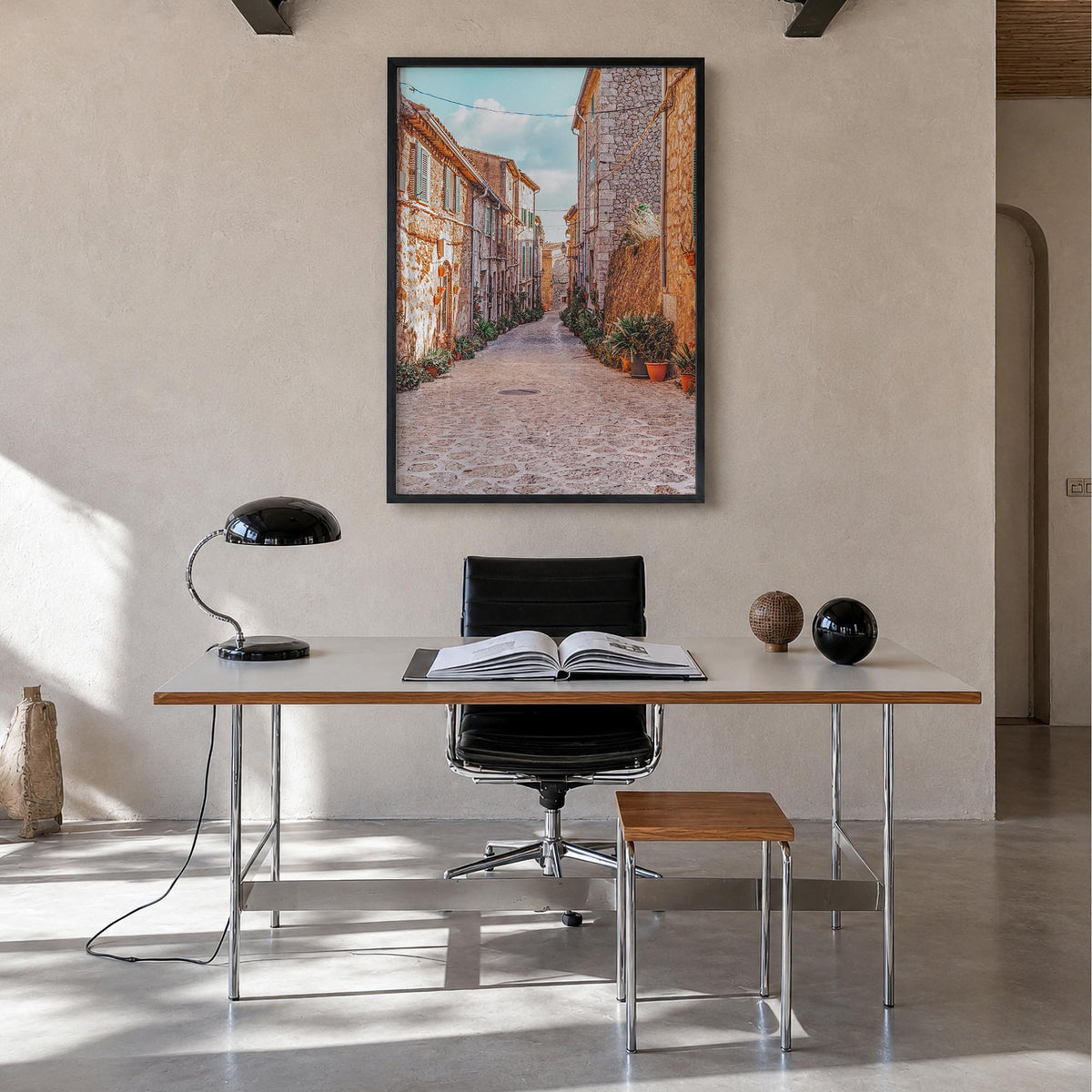 Valldemossa colorful photo poster of Spain – vertical wall art in black wood frame, hanging on wall