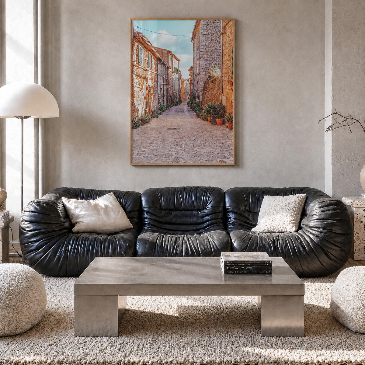 Valldemossa colorful photo poster of Spain – vertical wall art in natural wood frame, hanging on wall