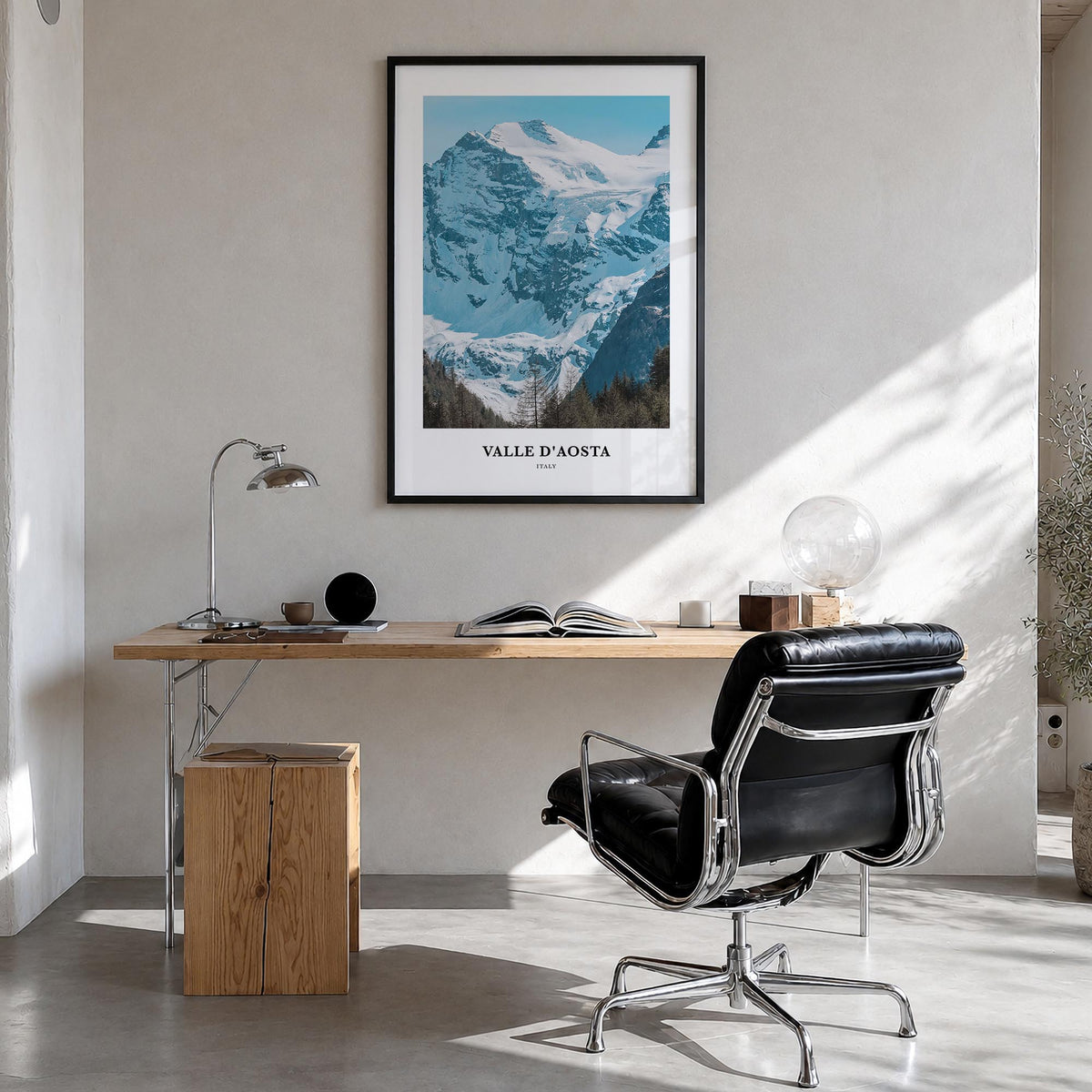 Valle d'Aosta colorful classic poster of Italy – vertical wall art in black wood frame, hanging on wall