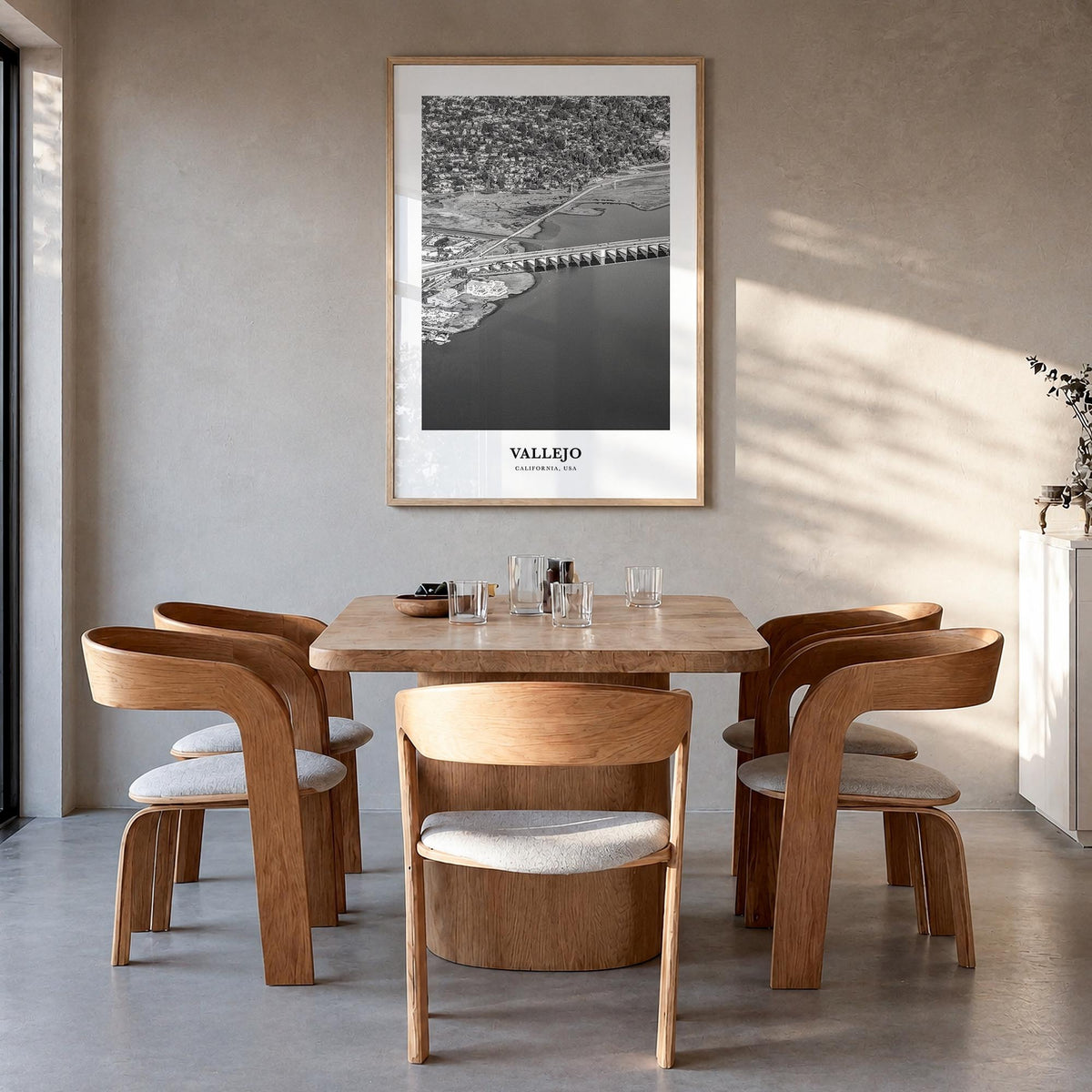 Vallejo black & white classic poster of California, USA – vertical wall art in natural wood frame, hanging on wall