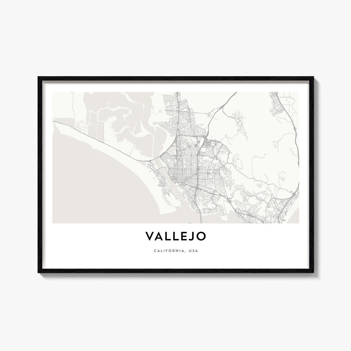 Vallejo black & white map poster of California, USA – horizontal wall art, unframed print shown in interior mockup