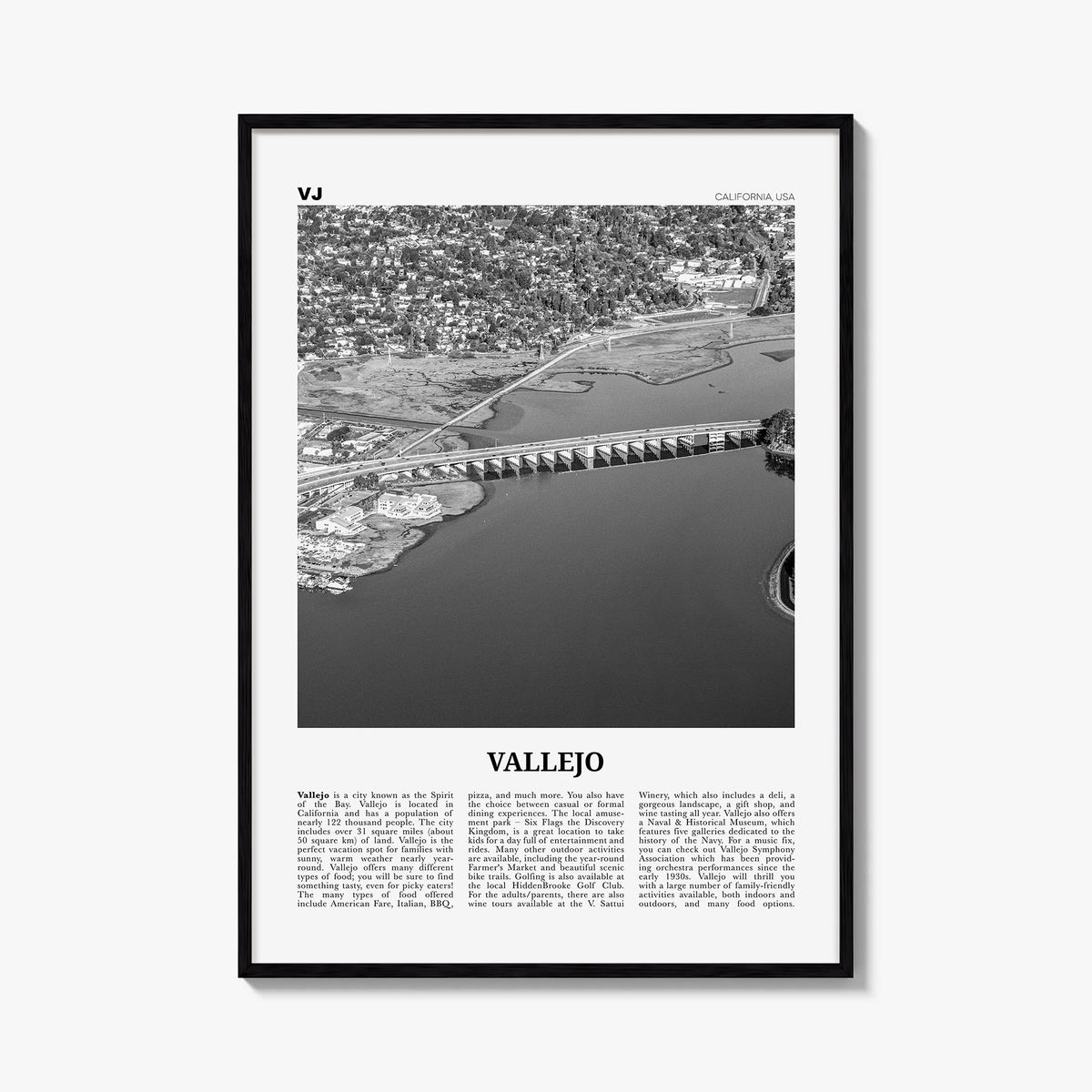 Vallejo black & white newspaper poster of California, USA – vertical wall art, unframed print shown in interior mockup