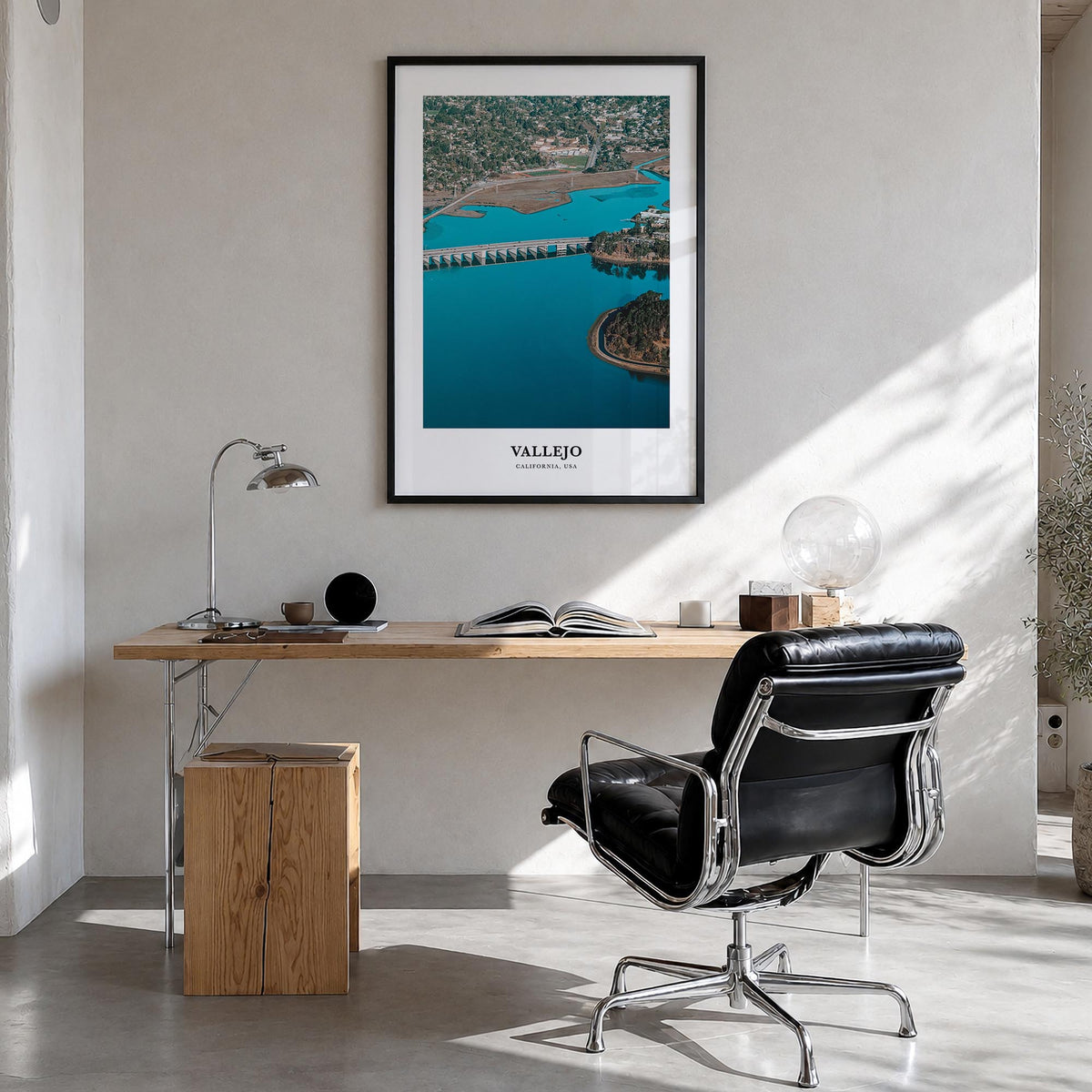 Vallejo colorful classic poster of California, USA – vertical wall art in black wood frame, hanging on wall