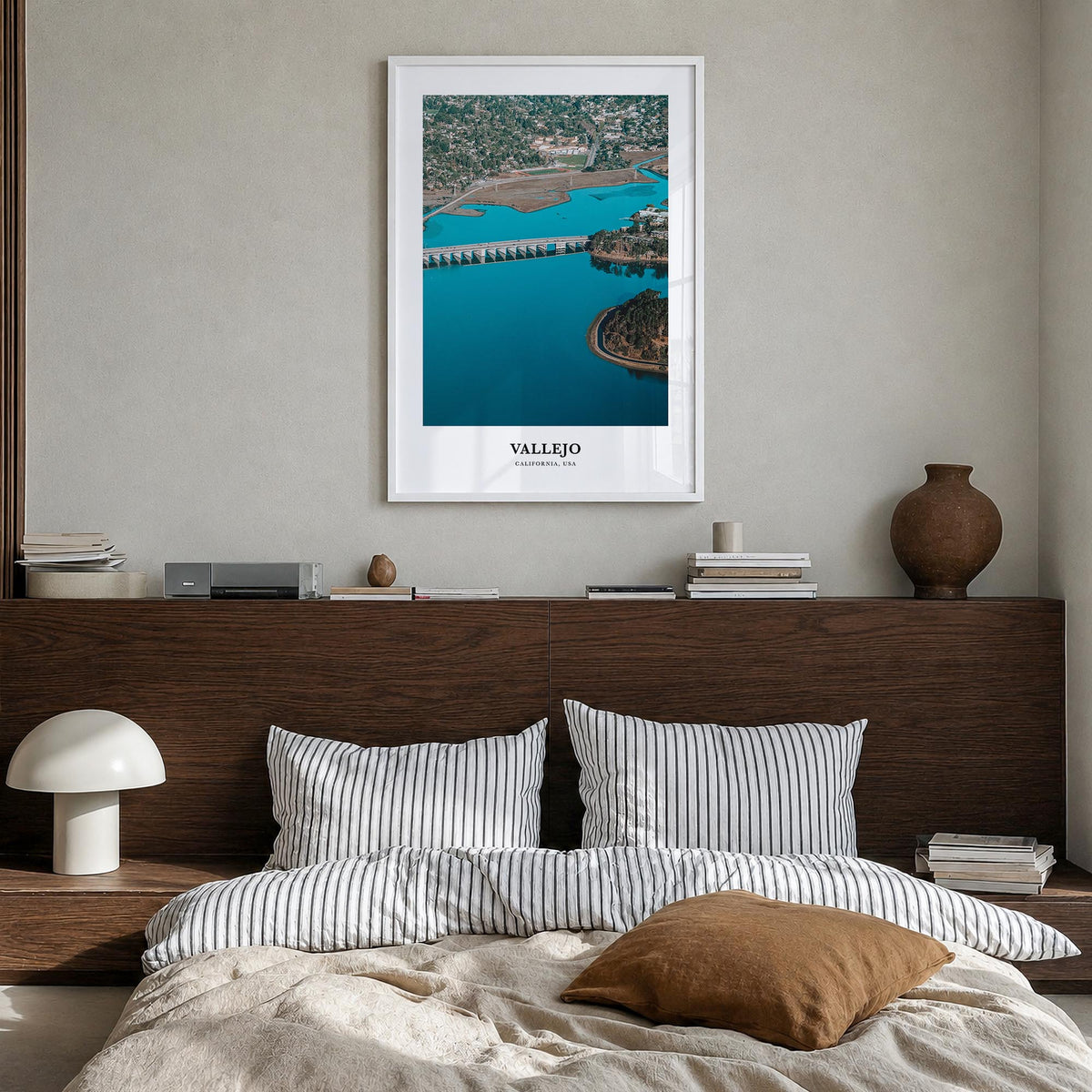 Vallejo colorful classic poster of California, USA – vertical wall art in white wood frame, hanging on wall