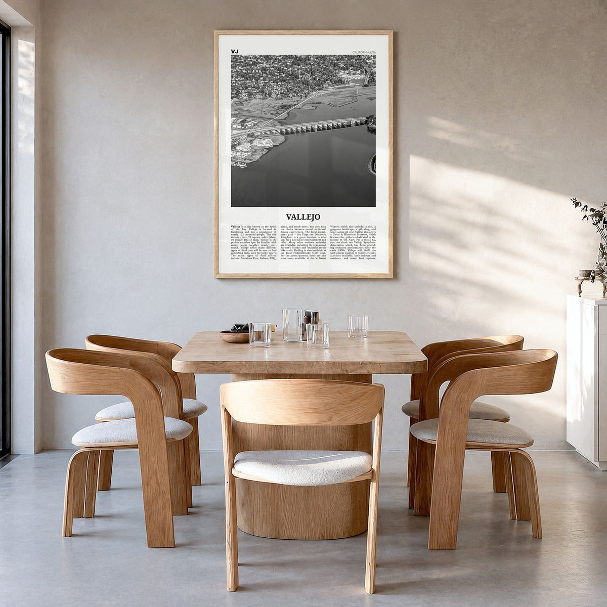 Vallejo Newspaper Poster in a natural wood frame, hanging in a dining room