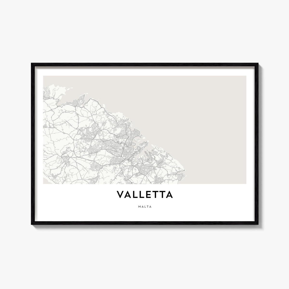 Valletta black & white map poster of Malta – horizontal wall art, unframed print shown in interior mockup