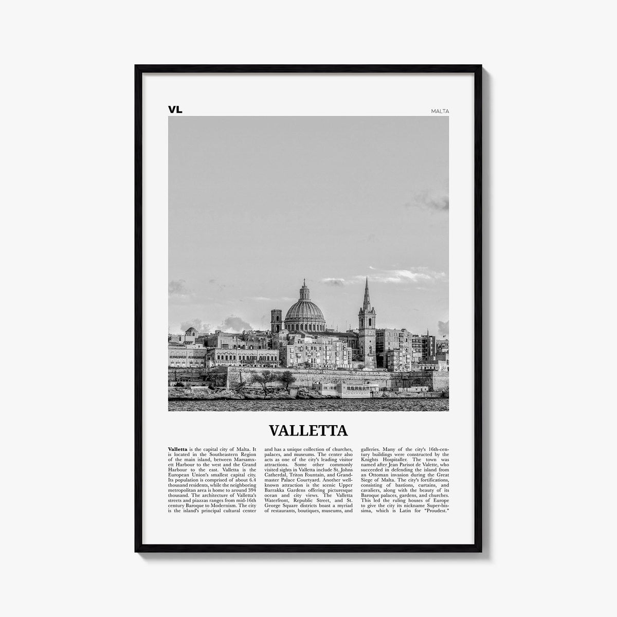 Valletta black & white newspaper poster of Malta – vertical wall art, unframed print shown in interior mockup