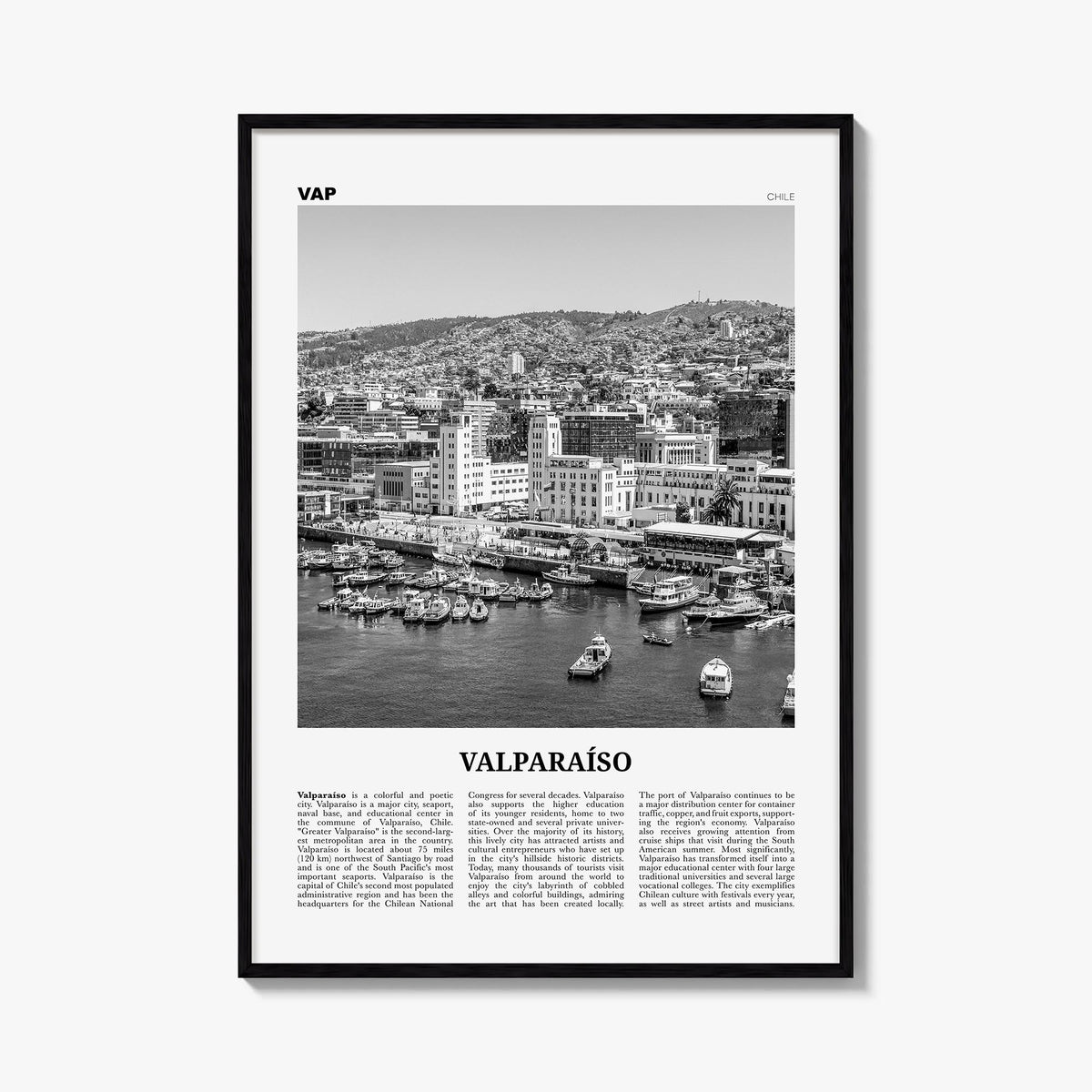 Valparaíso black & white newspaper poster of Chile – vertical wall art, unframed print shown in interior mockup
