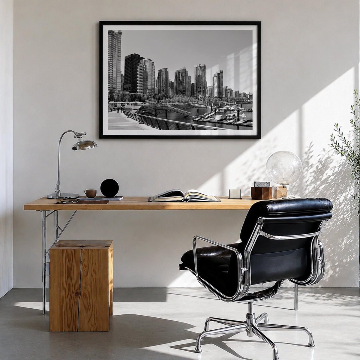 Vancouver, Canada black & white photo poster of Canada – horizontal wall art in black wood frame with white border, hanging o