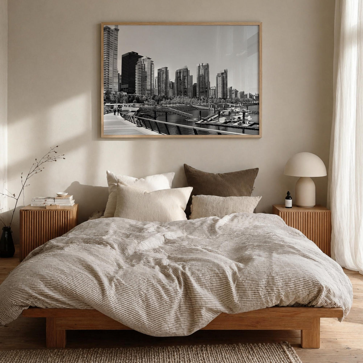 Vancouver, Canada black & white photo poster of Canada – horizontal wall art in natural wood frame, hanging on wall