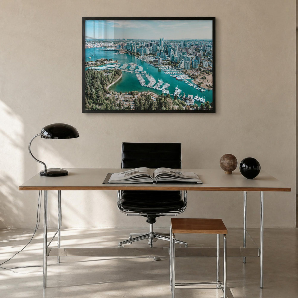 Vancouver, Canada colorful photo poster of Canada – horizontal wall art in black wood frame, hanging on wall