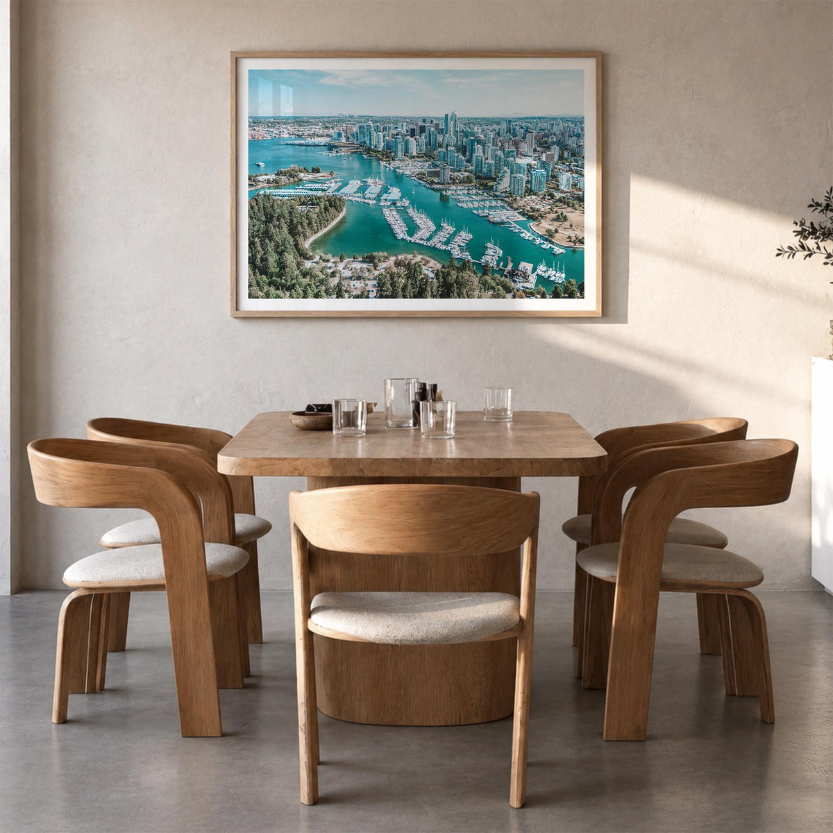 Vancouver, Canada colorful photo poster of Canada – horizontal wall art in natural wood frame with white border, hanging on w