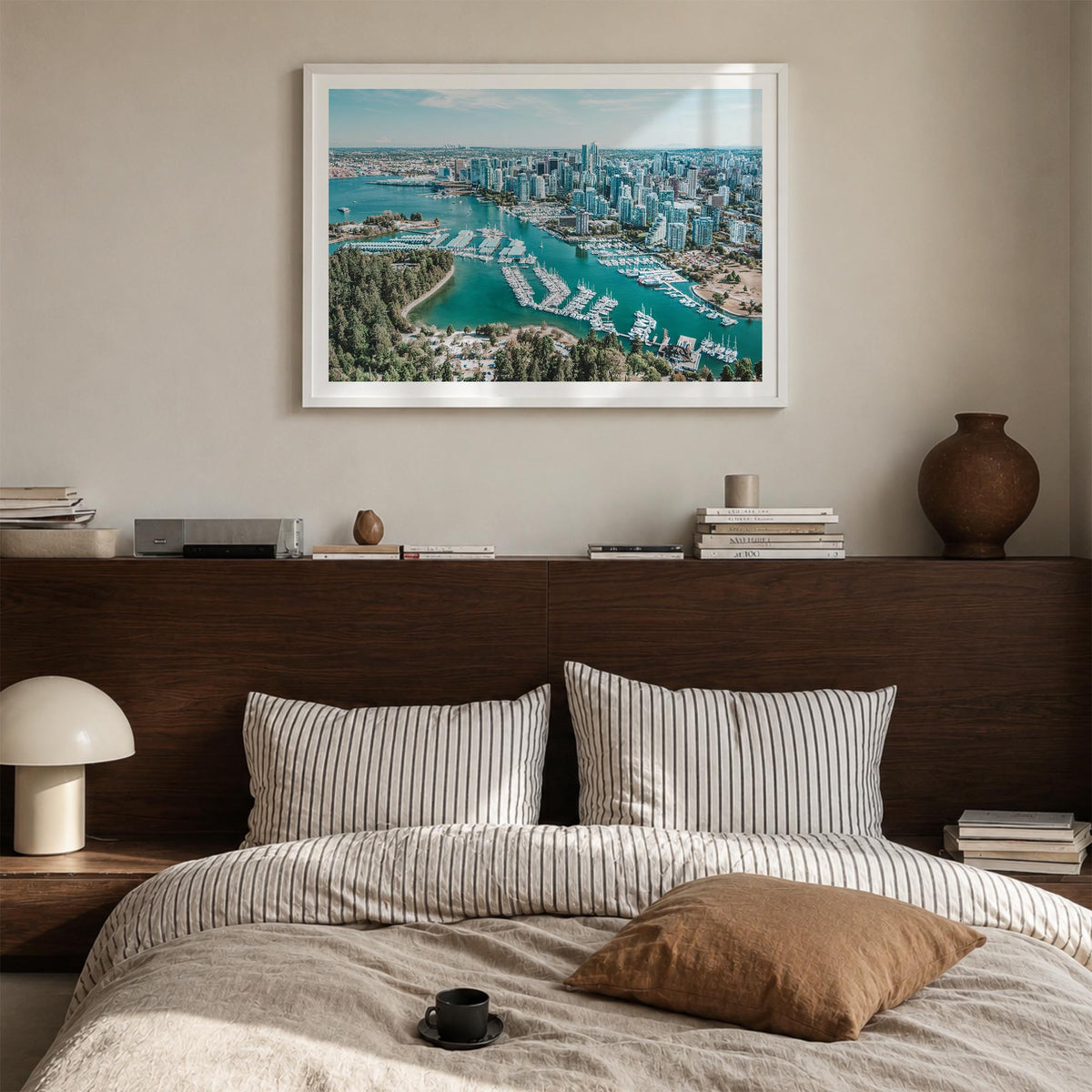 Vancouver, Canada colorful photo poster of Canada – horizontal wall art in white wood frame with white border, hanging on wal
