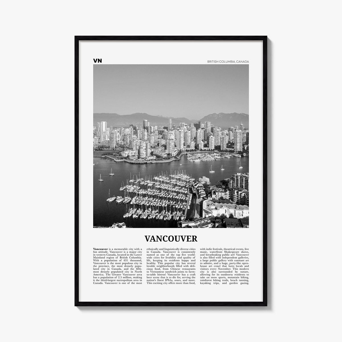 Vancouver, Canada no. 1 black & white newspaper poster of Canada – vertical wall art, unframed print shown in interior mockup