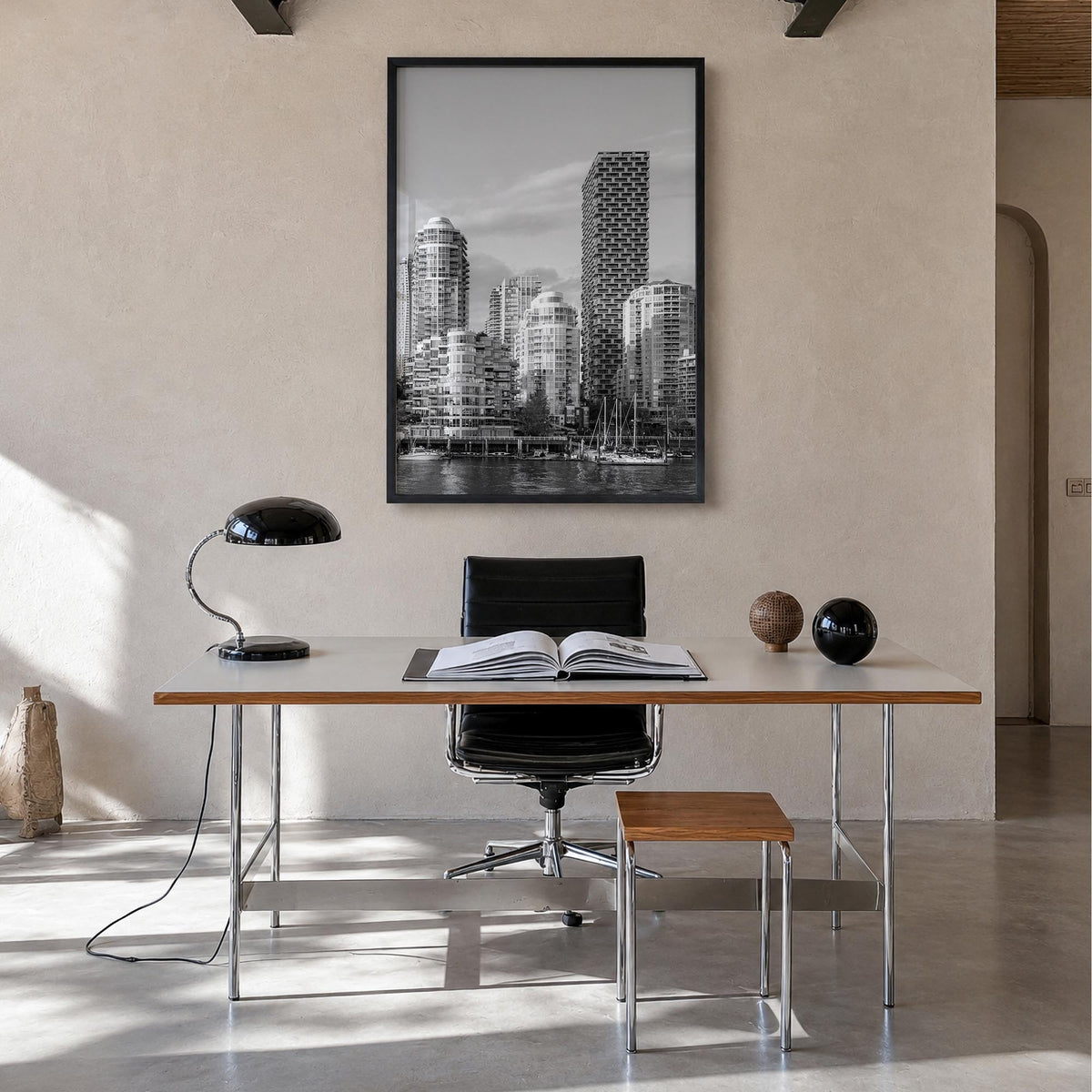 Vancouver, Canada no. 1 black & white photo poster of Canada – vertical wall art in black wood frame, hanging on wall