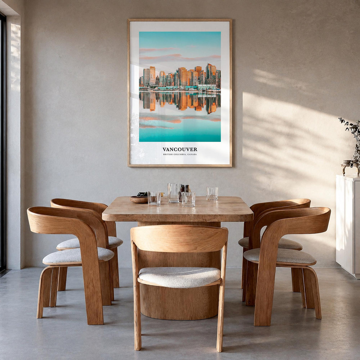 Vancouver, Canada no. 1 colorful classic poster of Canada – vertical wall art in natural wood frame, hanging on wall