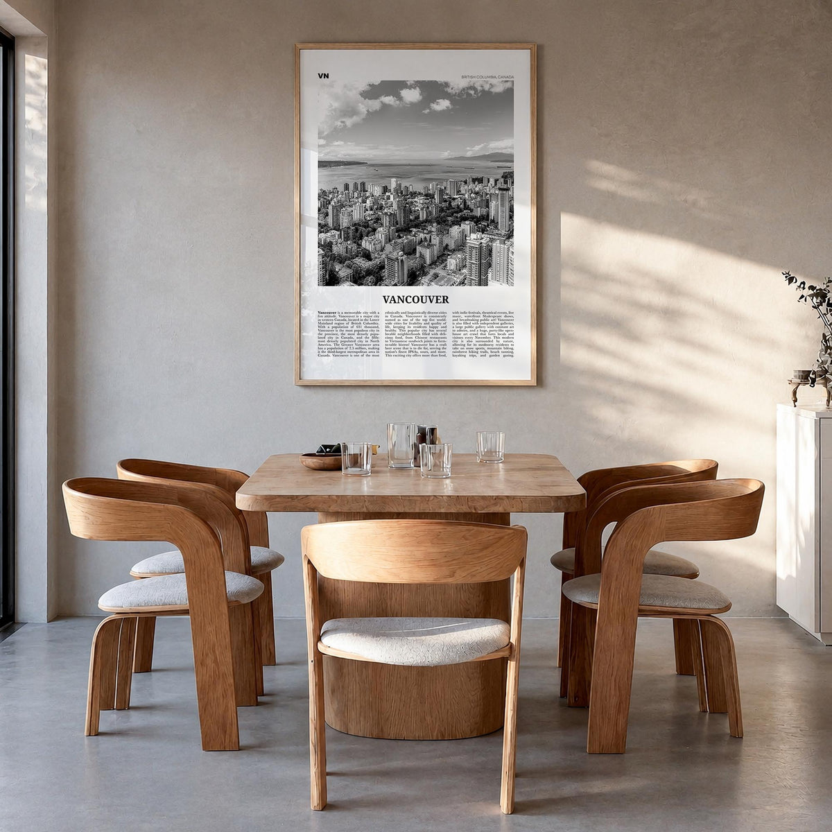 Vancouver, Canada no. 2 black & white newspaper poster of Canada – vertical wall art in natural wood frame, hanging on wall