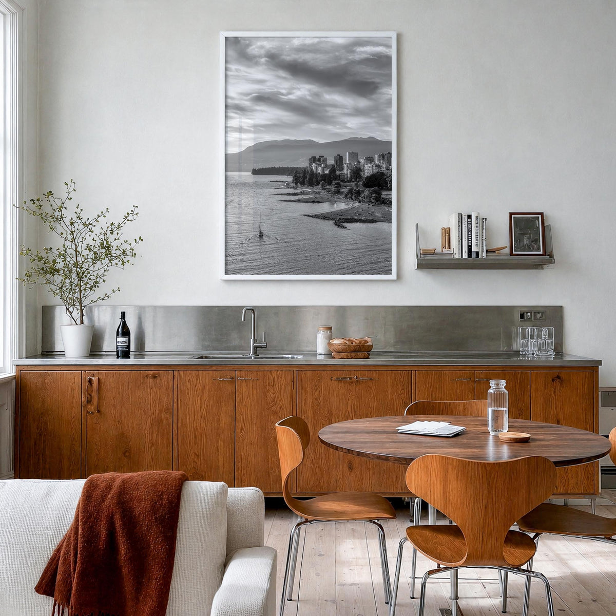 Vancouver, Canada no. 2 black & white photo poster of Canada – vertical wall art in white wood frame, hanging on wall
