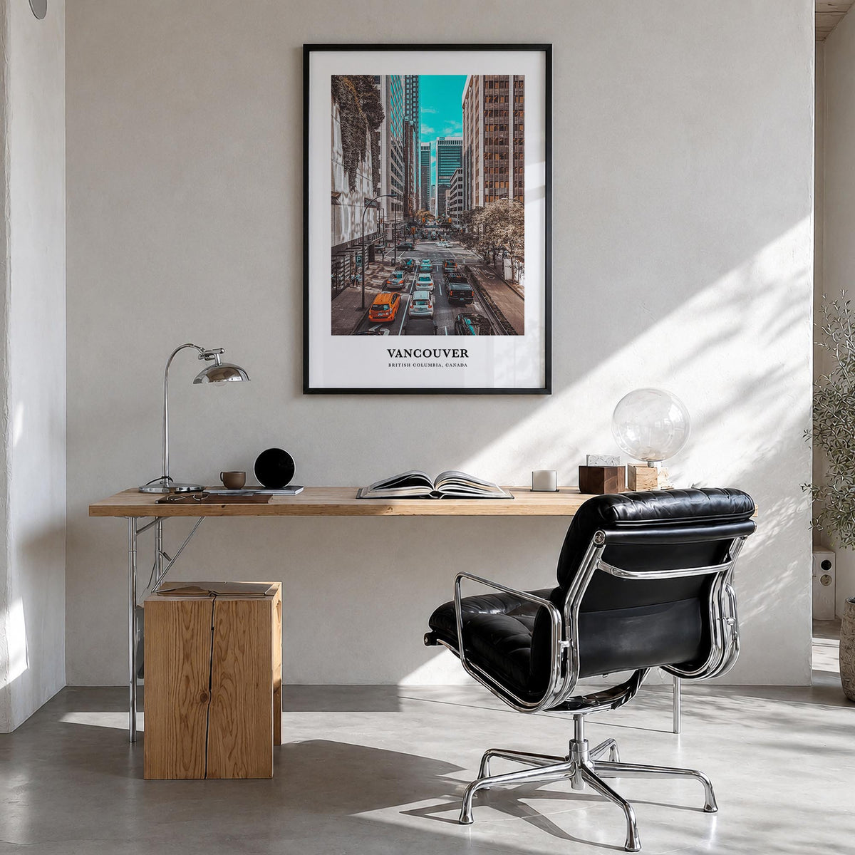 Vancouver, Canada no. 2 colorful classic poster of Canada – vertical wall art in black wood frame, hanging on wall
