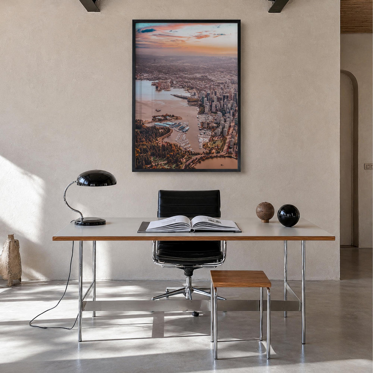 Vancouver, Canada no. 2 colorful photo poster of Canada – vertical wall art in black wood frame, hanging on wall