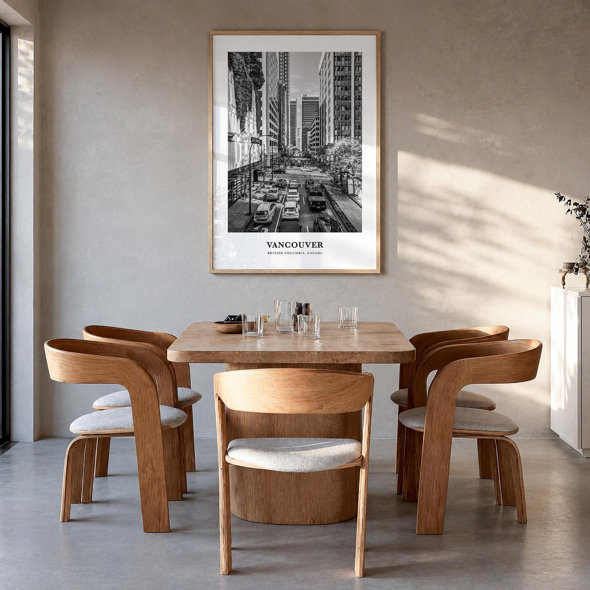 Vancouver, Canada no. 3 black & white classic poster of Canada – vertical wall art in natural wood frame, hanging on wall