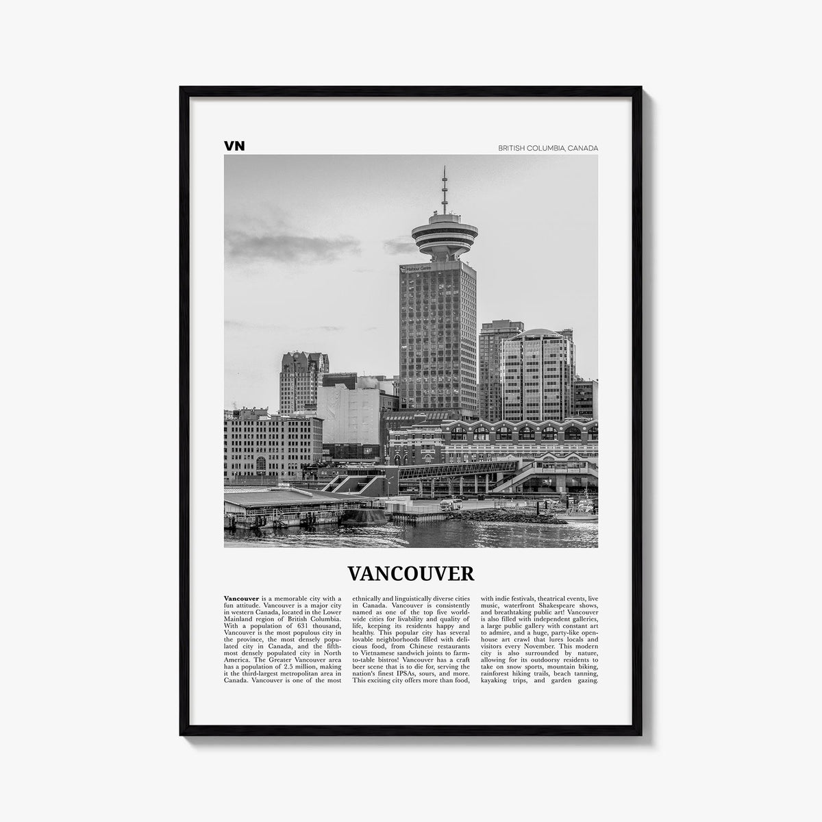 Vancouver, Canada no. 4 black & white newspaper poster of Canada – vertical wall art, unframed print shown in interior mockup