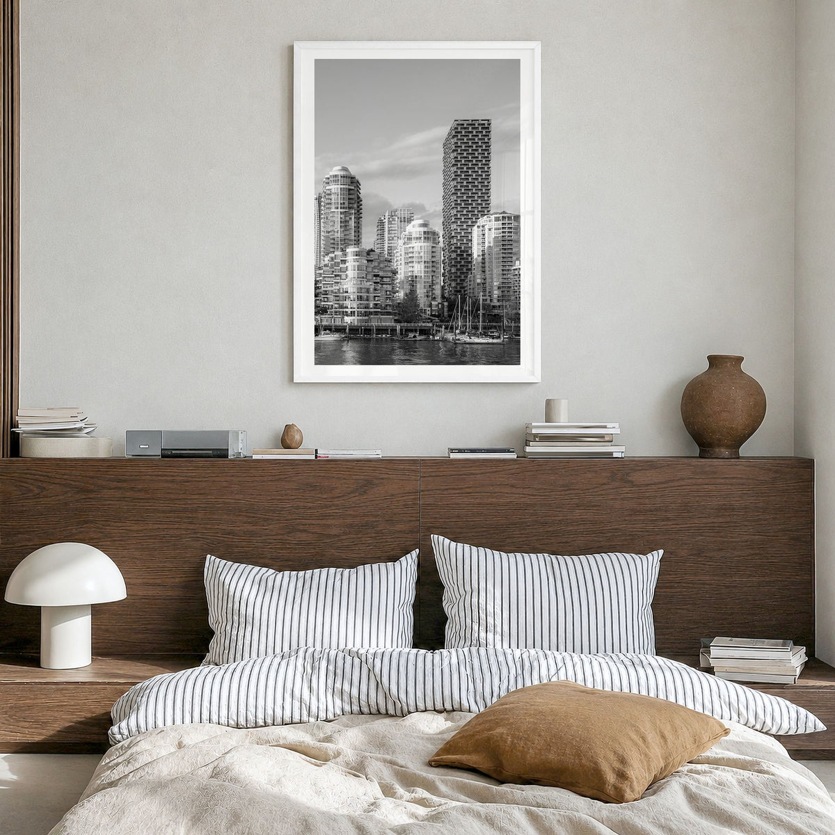 Vancouver, Canada Photo No 1 Poster in a white wood frame, hanging in a bedroom, white border
