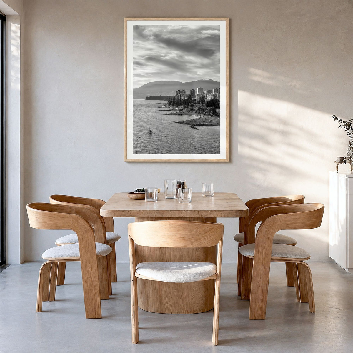 Vancouver, Canada Photo No 2 Poster in a natural wood frame, hanging in a dining room, white border