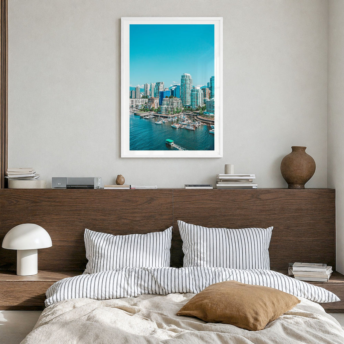 Vancouver, Canada Photo No 3 Poster in a white wood frame, hanging in a bedroom, white border