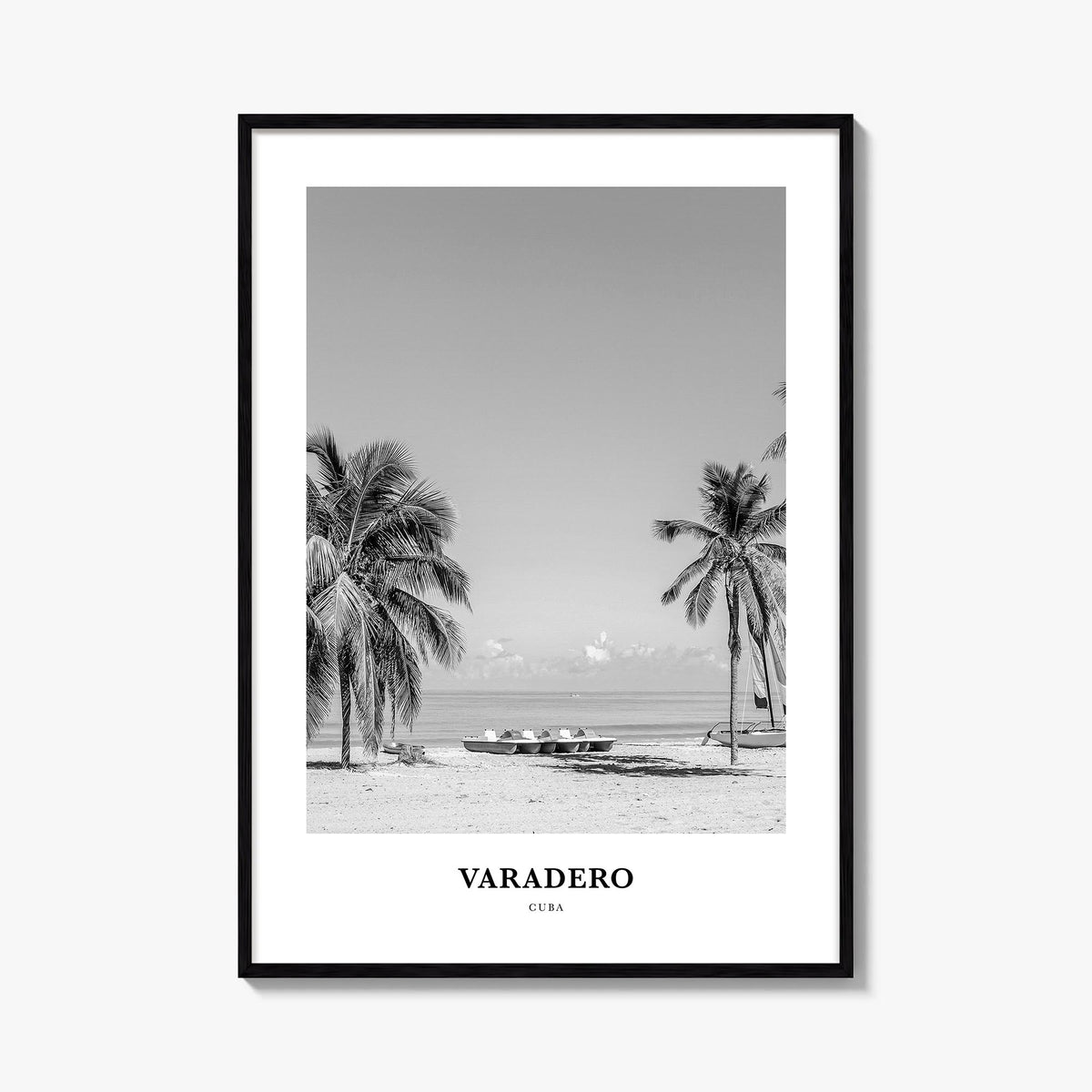 Varadero black & white classic poster of Cuba – vertical wall art, unframed print shown in interior mockup