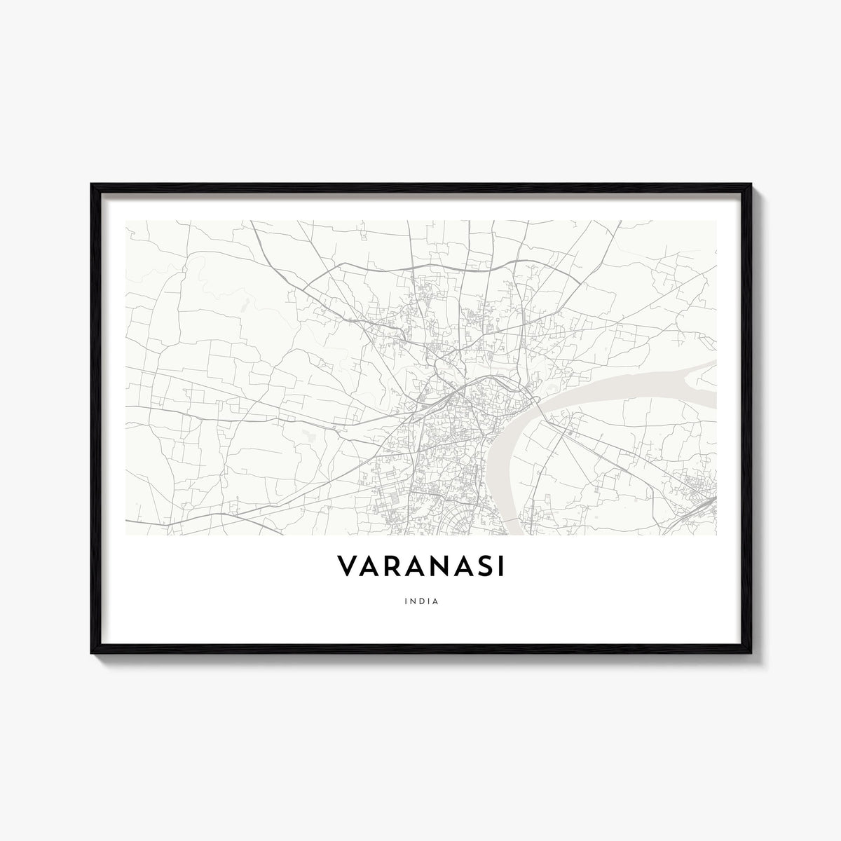 Varanasi black & white map poster of India – horizontal wall art, unframed print shown in interior mockup