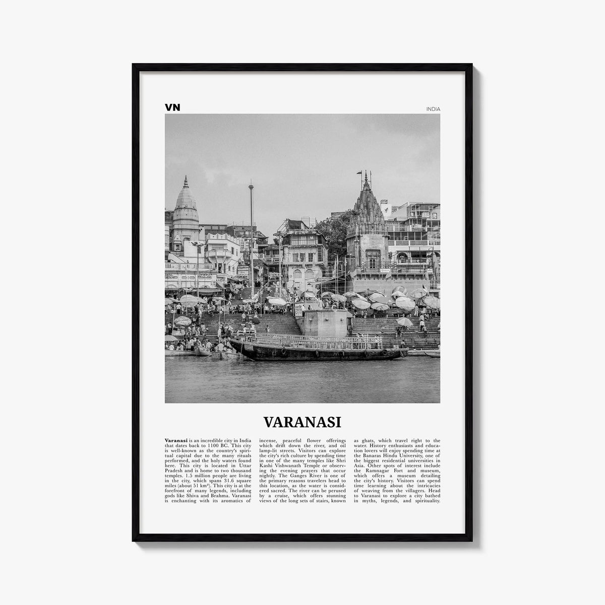 Varanasi black & white newspaper poster of India – vertical wall art, unframed print shown in interior mockup