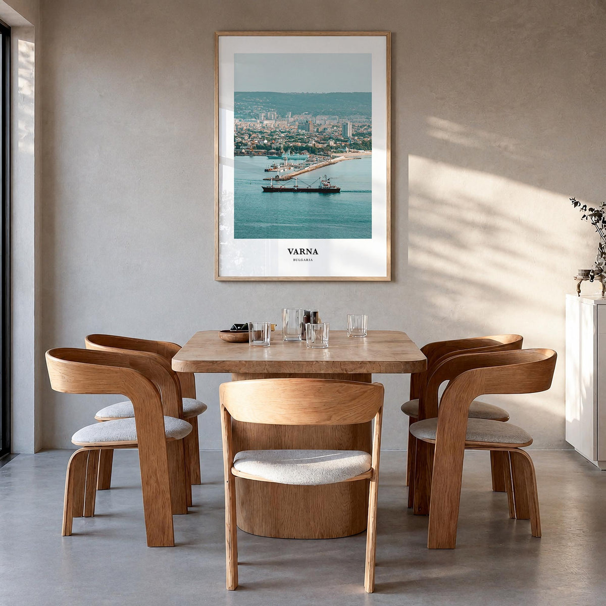 Varna colorful classic poster of Bulgaria – vertical wall art in natural wood frame, hanging on wall
