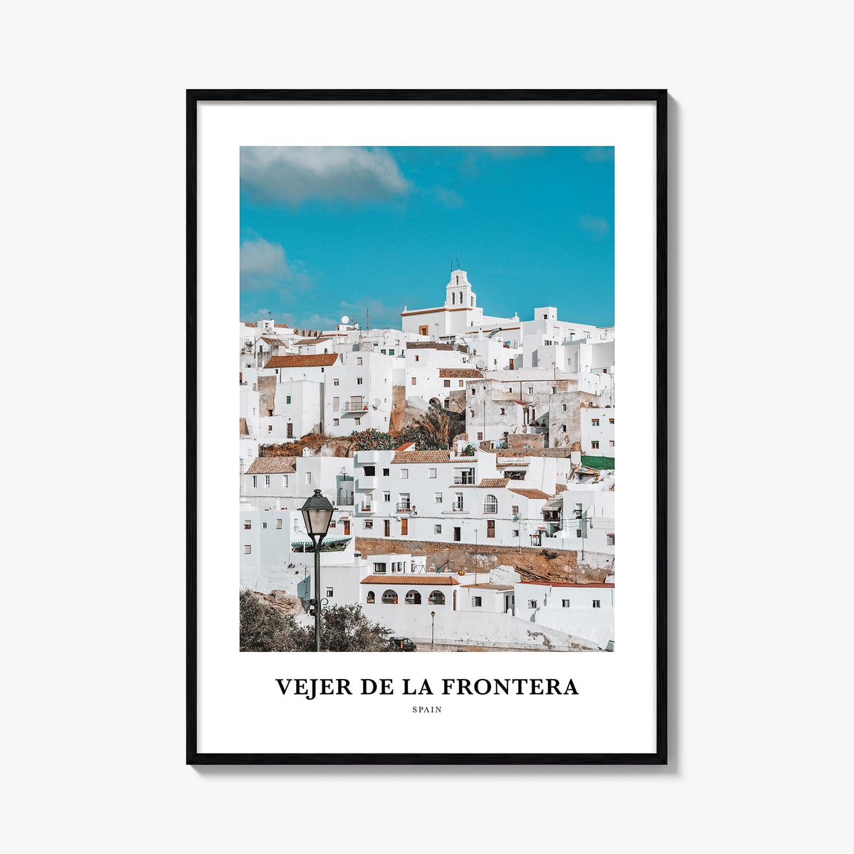 Vejer de la Frontera colorful classic poster of Spain – vertical wall art, unframed print shown in interior mockup