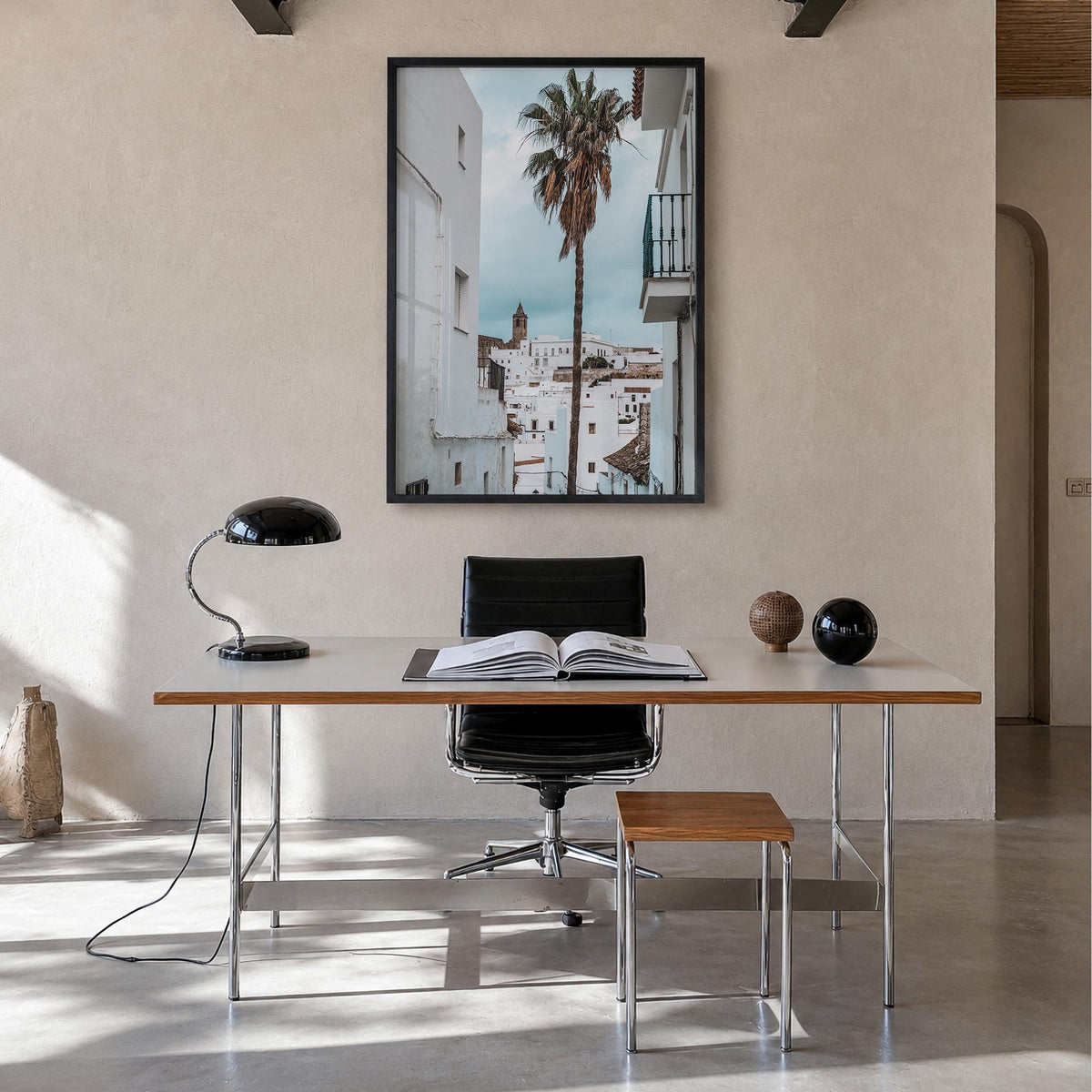 Vejer de la Frontera colorful photo poster of Spain – vertical wall art in black wood frame, hanging on wall