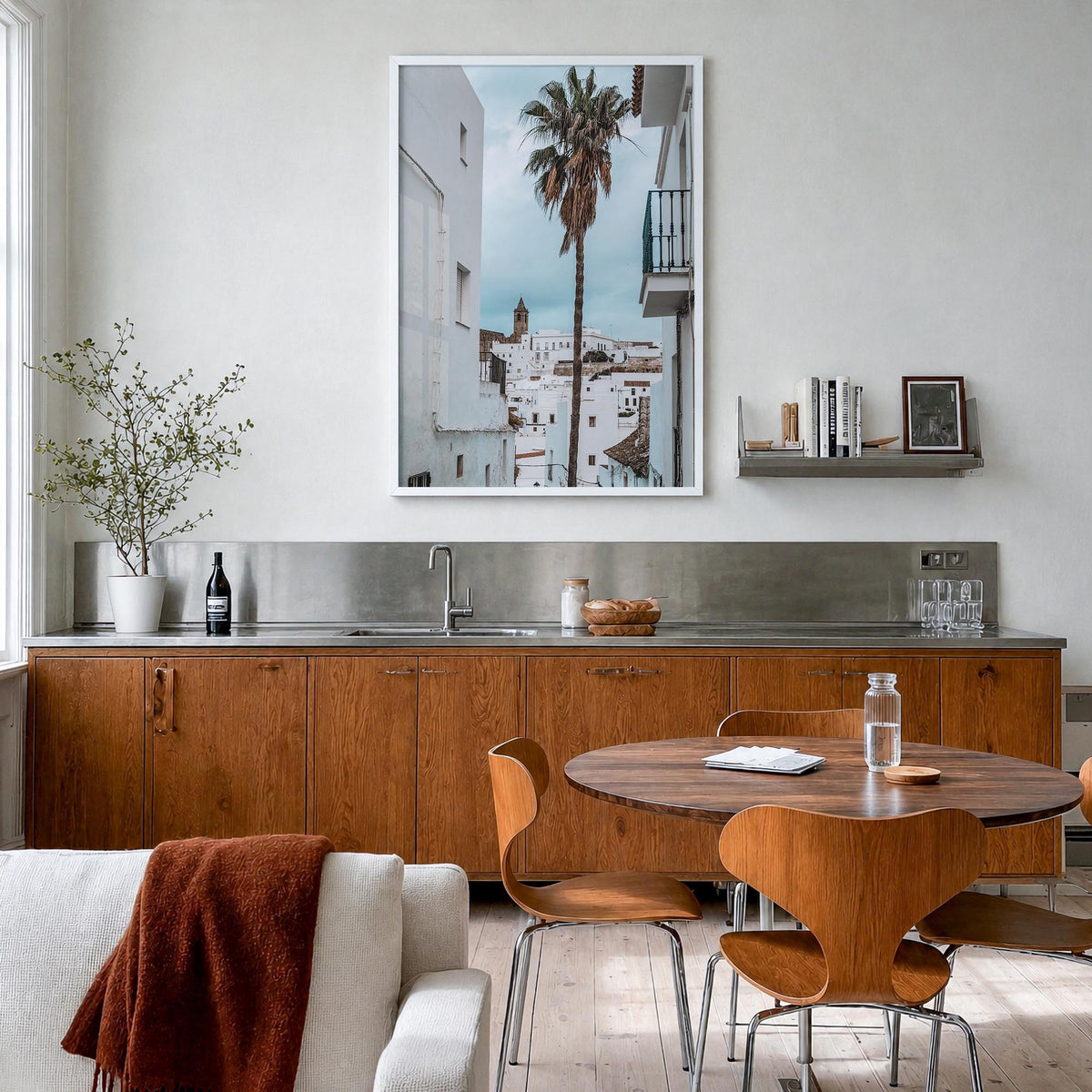 Vejer de la Frontera colorful photo poster of Spain – vertical wall art in white wood frame, hanging on wall