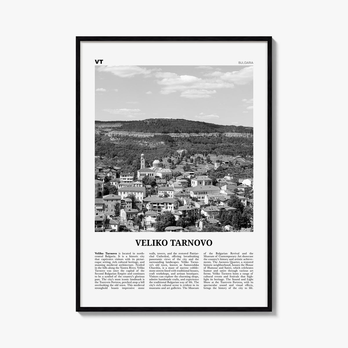 Veliko Tarnovo black & white newspaper poster of Bulgaria – vertical wall art, unframed print shown in interior mockup