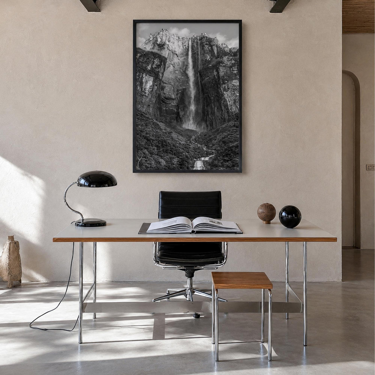 Venezuela black & white photo poster of South America – vertical wall art in black wood frame, hanging on wall