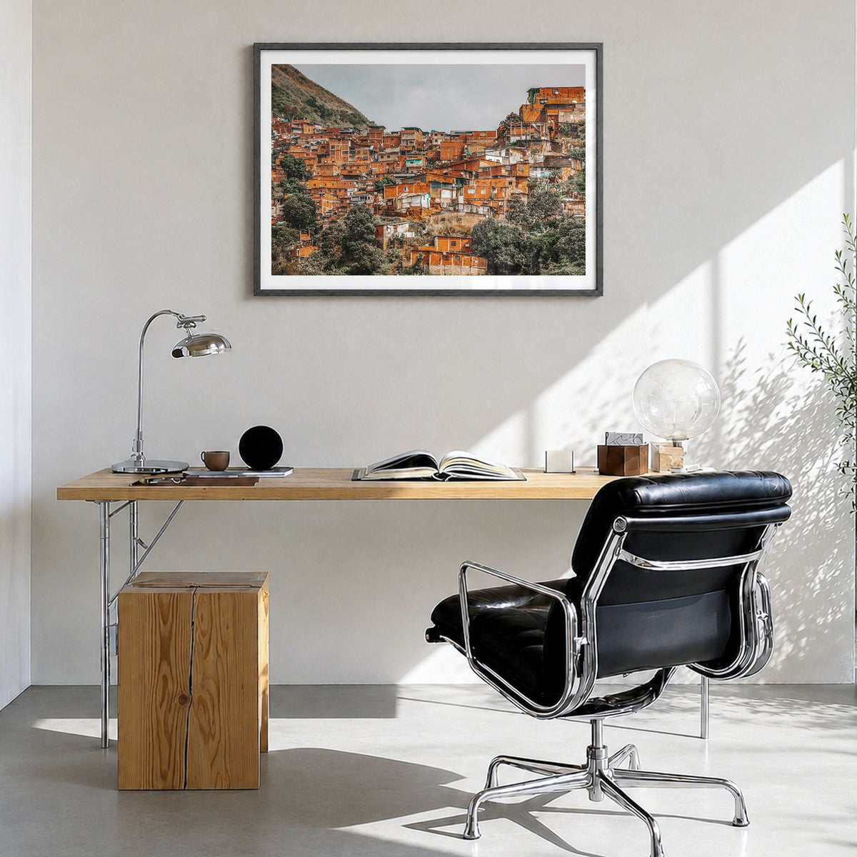 Venezuela Photo Poster in a black wood frame, hanging in a bright home office, white border