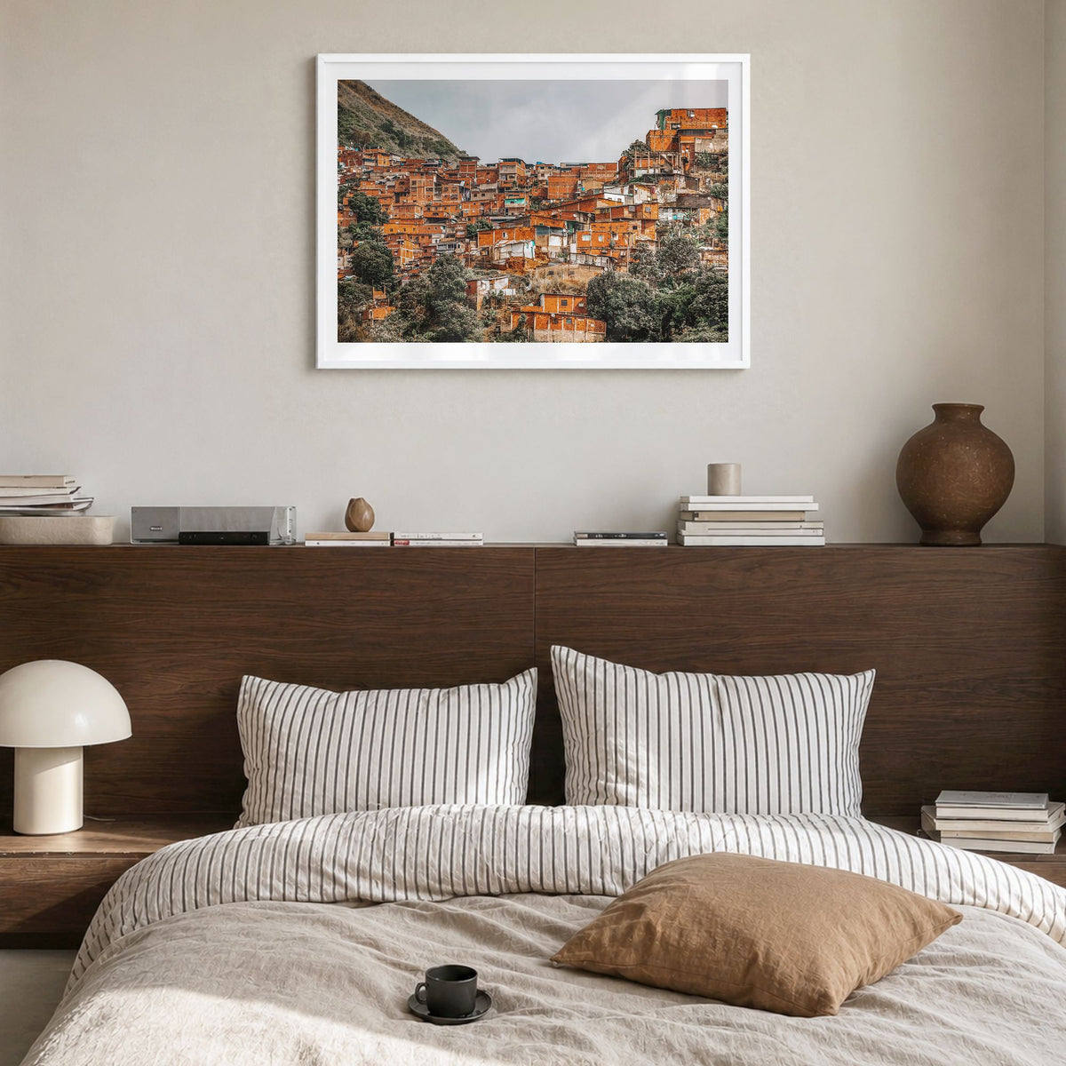 Venezuela Photo Poster in a white wood frame, hanging in a bedroom, white border