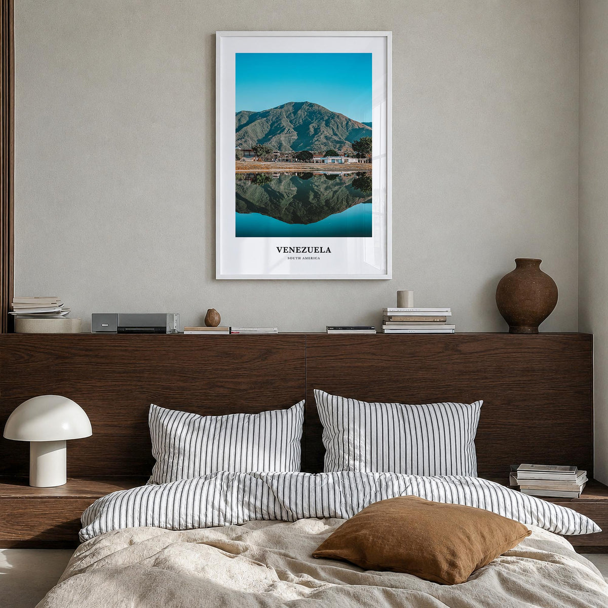 Venezuela no. 1 colorful classic poster of South America – vertical wall art in white wood frame, hanging on wall
