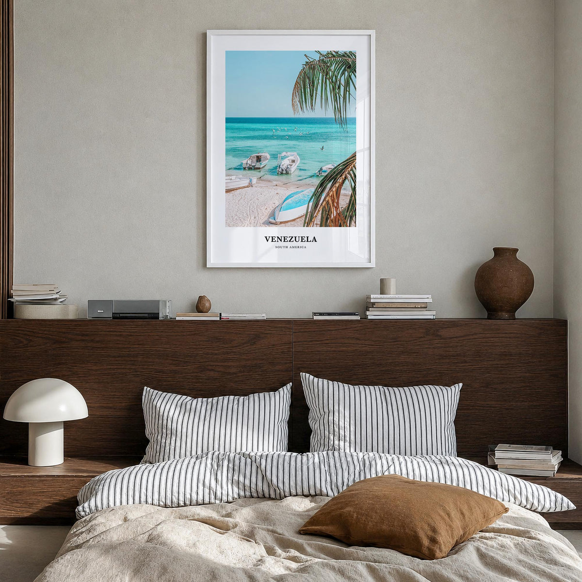 Venezuela no. 2 colorful classic poster of South America – vertical wall art in white wood frame, hanging on wall