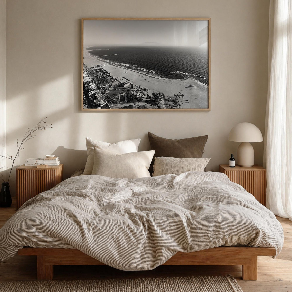 Venice Beach black & white photo poster of Los Angeles, California – horizontal wall art in natural wood frame, hanging on wa