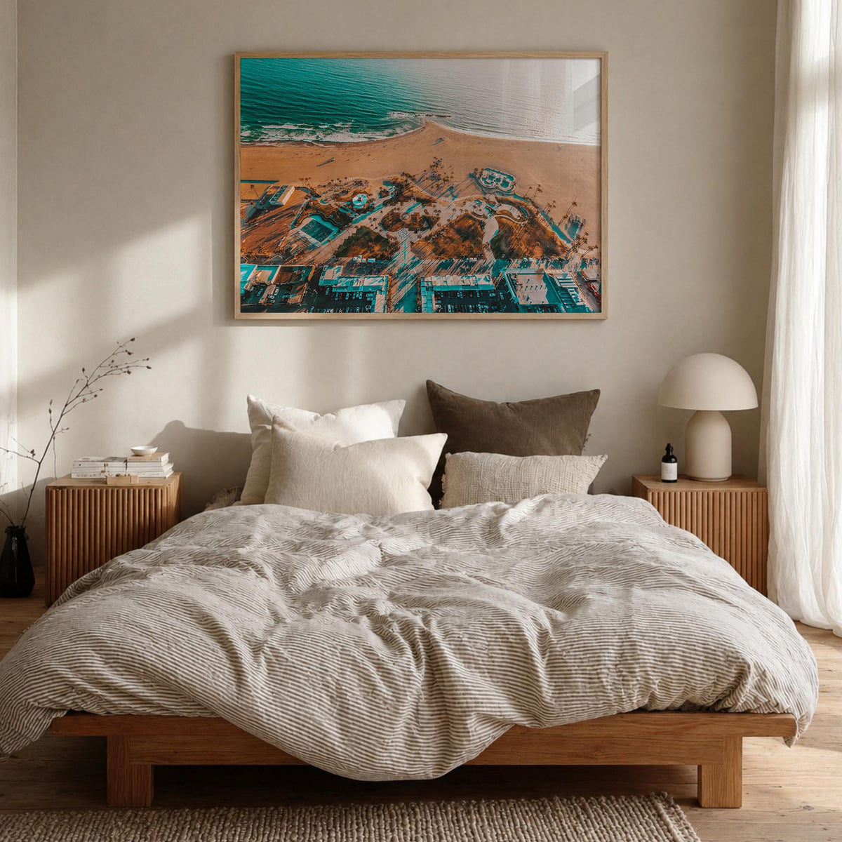 Venice Beach colorful photo poster of Los Angeles, California – horizontal wall art in natural wood frame, hanging on wall