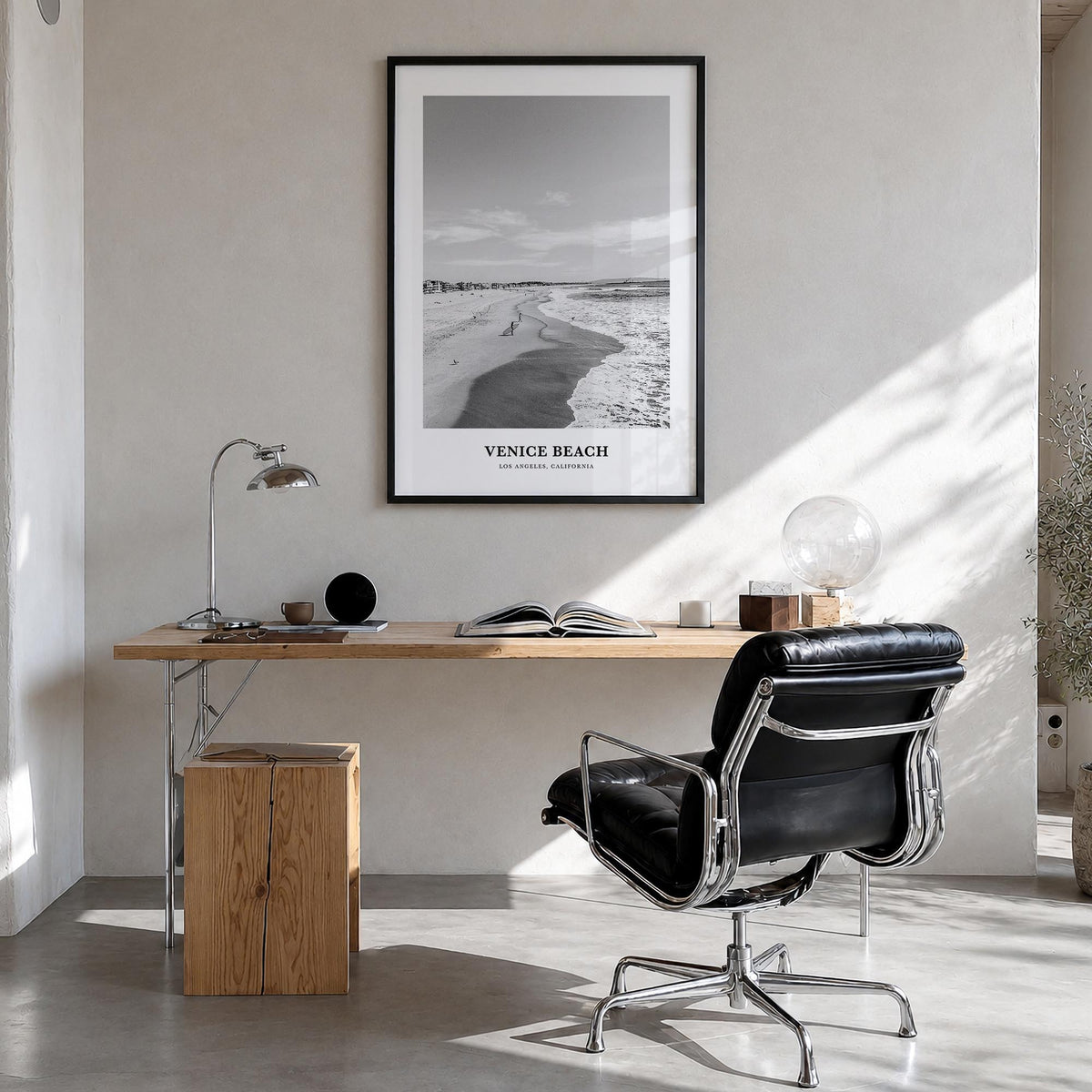 Venice Beach no. 1 black & white classic poster of Los Angeles, California – vertical wall art in black wood frame, hanging o
