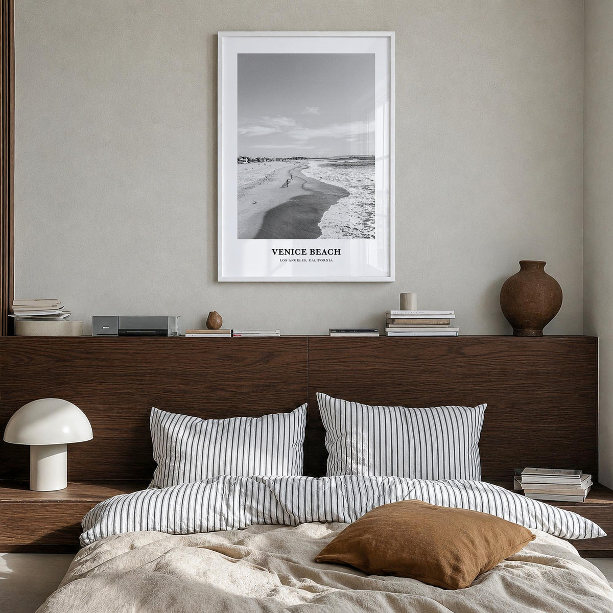 Venice Beach no. 1 black & white classic poster of Los Angeles, California – vertical wall art in white wood frame, hanging o