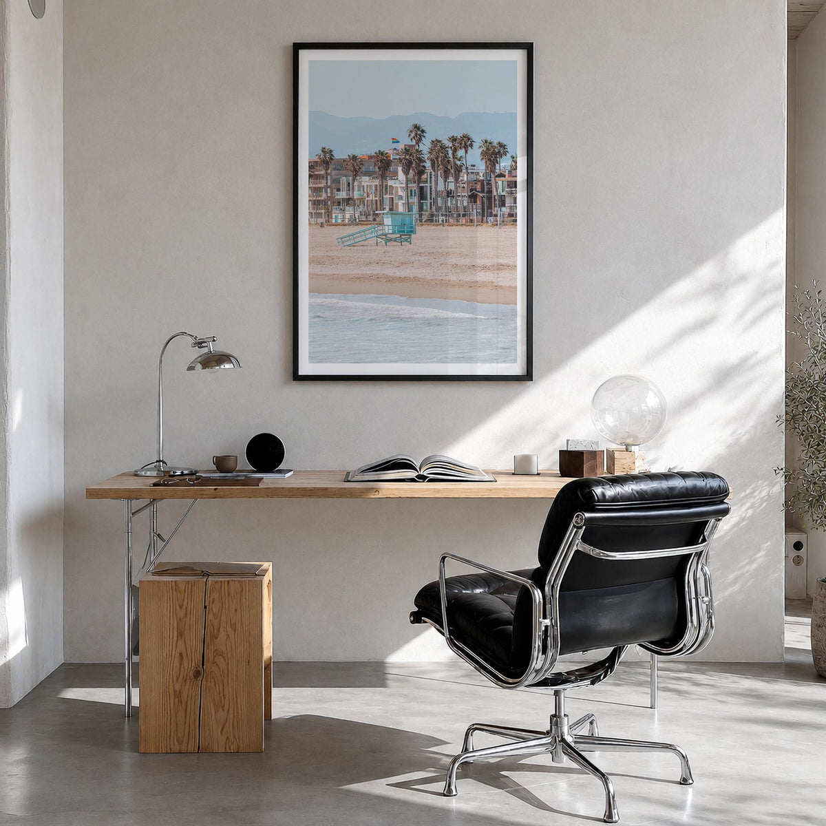 Venice Beach no. 1 colorful photo poster of Los Angeles, California – vertical wall art in black wood frame with white border