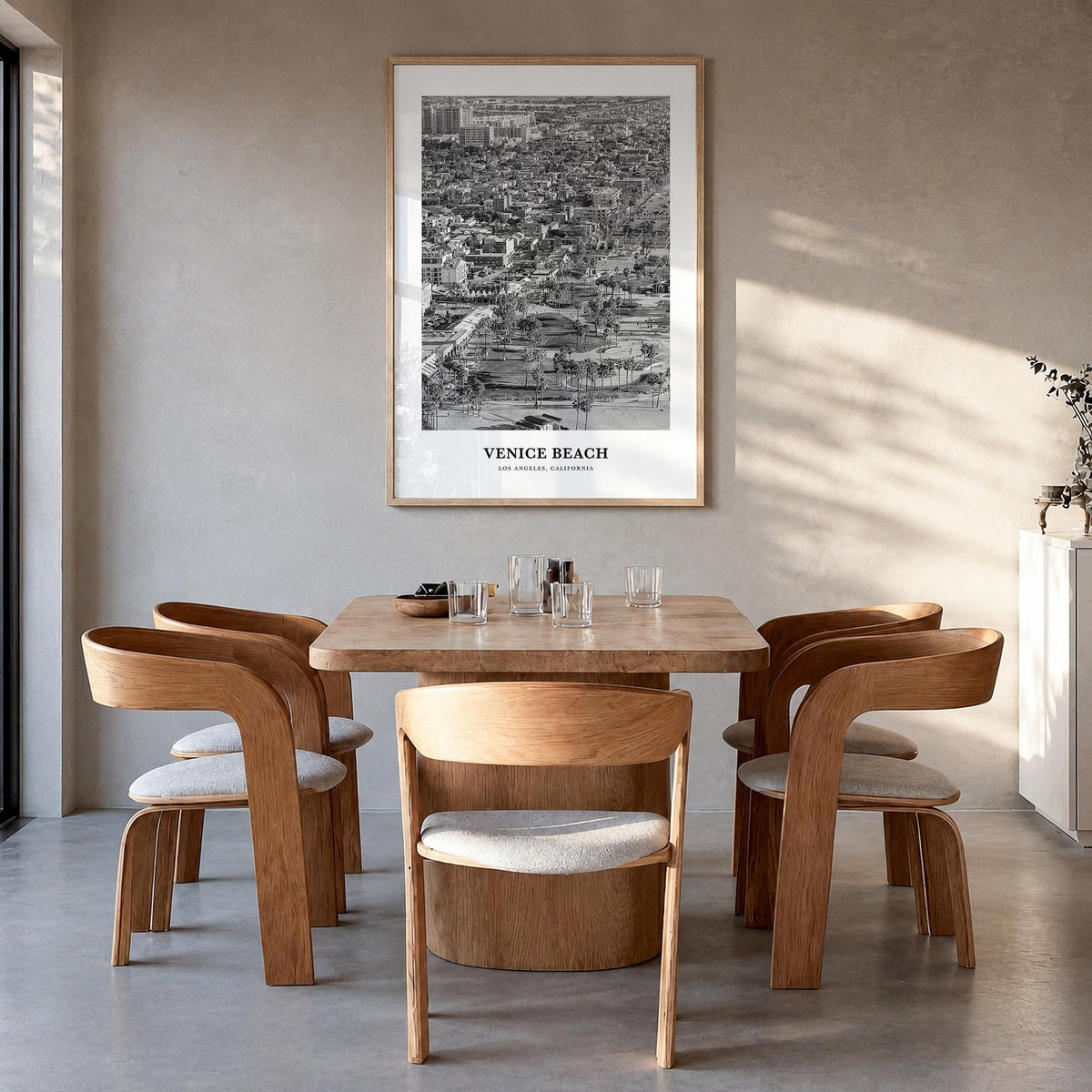 Venice Beach no. 2 black & white classic poster of Los Angeles, California – vertical wall art in natural wood frame, hanging